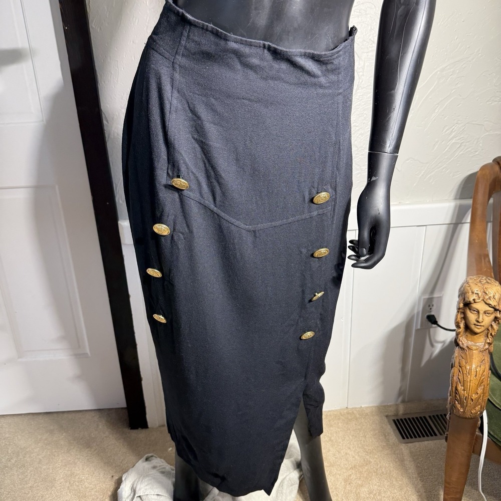 Vintage Gantos Pencil Midi Skirt Gold Tone Accent Buttons Wool Blend 6 80's 90's